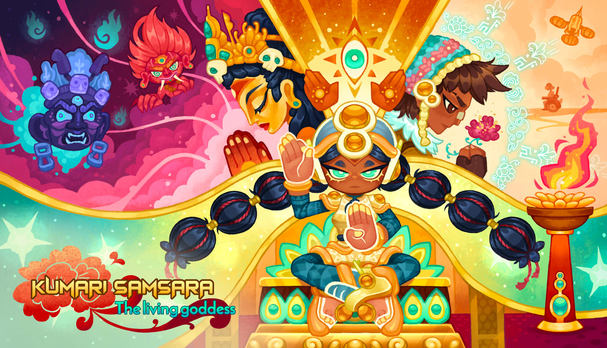 Game cover for Kumari Samsara: The Living Goddess, by Reborn Planet Studios. Co-developed with Sara Zurera.
